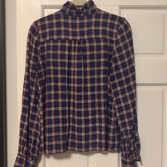 Sezane - Chloe Linen Plaid Ruffle Collar Women's Top - Picture 9 of 9
